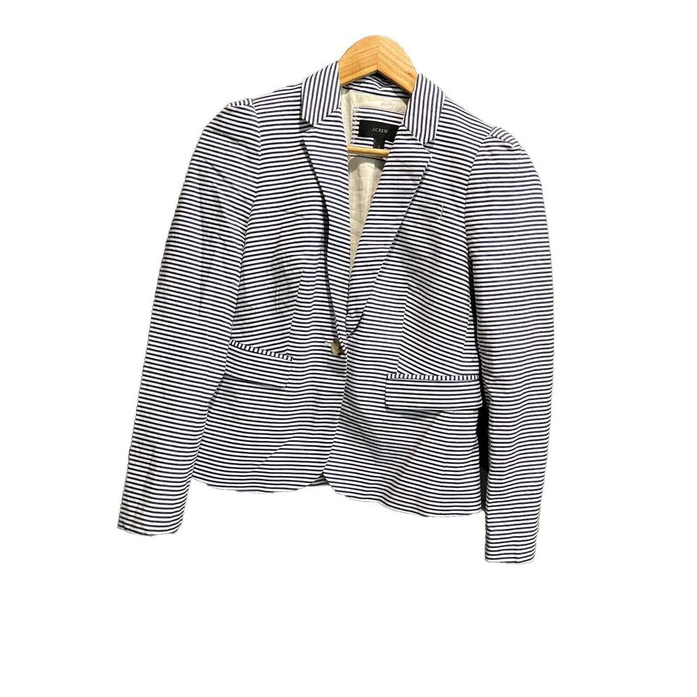 J. Crew White & Blue Striped Seersucker Women's Blazer Jacket Size 2 Puff Sleeve